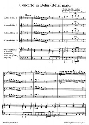 Konzert B-Dur für 4 Altblockflöten und Bc