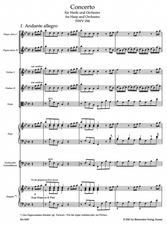 Konzert B-Dur HWV294 für Harfe und Orchester Partitur