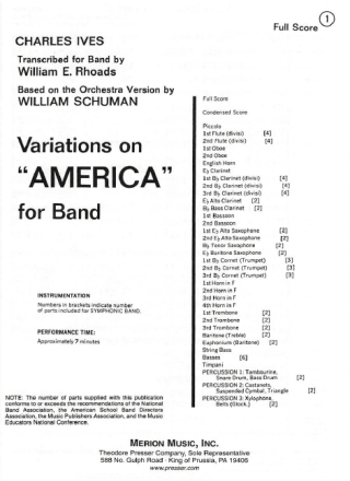 Charles Ives Variations On 'America'-Full Score sinfonisches Blasorchester Partitur