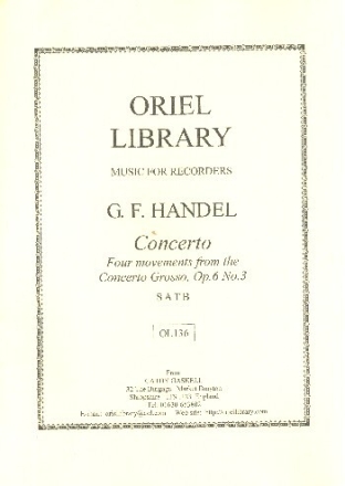 4 Movements from the Concerto grosso op.6,3  for 4 recorders (SATB) score and parts