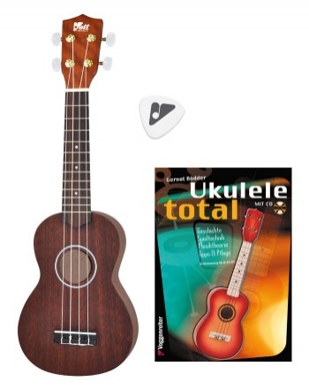 Das Ukulelen-Set Holz-Ukulele, Buch Ukulele total (+CD) und ein Plektrum