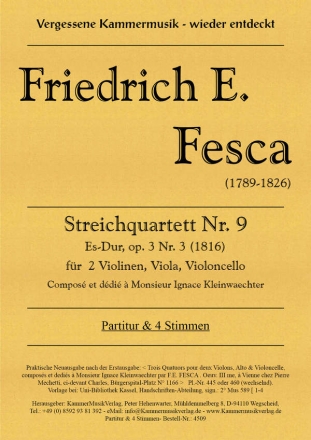 Streichquartett Es-Dur Nr.9 op.3,3 fr 2 Violinen, Viola und Violoncello Partitur und Stimmen