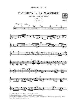 Konzert F-Dur RV457  fr Oboe, Streichorchester und Cembalo Stimmenset (Oboe-Cembalo-3-3-2-2-1)