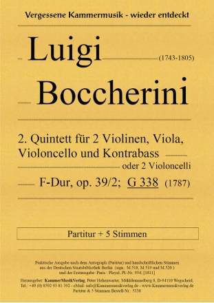 Quintett F-Dur op.39,2 G338 fr 2 Violinen, Viola, Violoncello und Kontrabass Partitur und Stimmen