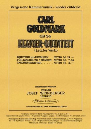 Quintett E-Dur Nr.2 op.54 fr Klavier, 2 Violinen, Viola und Violoncello Stimmen (Reprint)