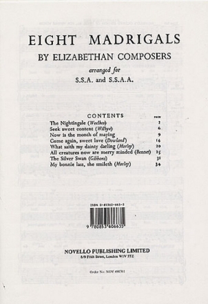 8 Madrigals by Elizabeth Composers for female chorus and piano score