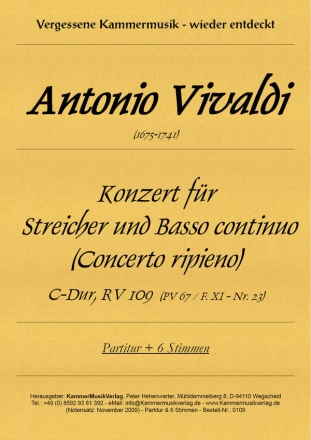 Konzert C-Dur RV109 fr 2 Violinen, Viola, Violoncell, Kontrabass und Cembalo Partitur und Stimmen (1-1-1-1-1-1-Cembalo)