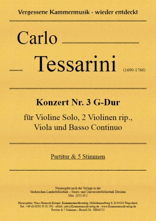 Konzert Nr.3 G-Dur fr Violine Solo, 2 Violinen rip., Viola, Violoncello/Bass und Bc Partitur und 5 Stimmen