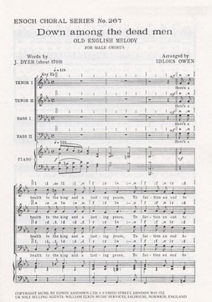 Down Among The Dead Men (TTBB) Arr. Idloes Owen TTBB, Piano Accompaniment Vocal Score