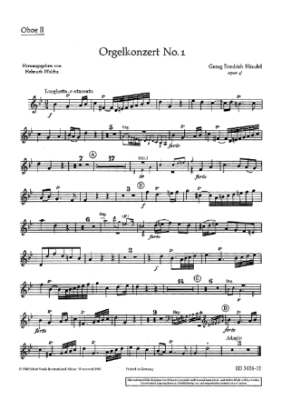 Orgel-Konzert Nr. 1 g-Moll op. 4/1 HWV 289 fr Orgel, 2 Oboen, Fagott und Streicher Einzelstimme - Oboe II