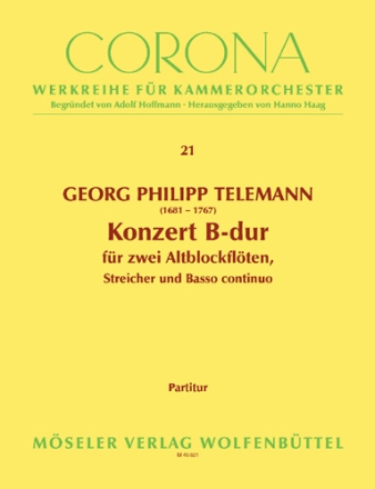 Konzert B-Dur fr 2 Altblockflten, Streicher und Bc Partitur