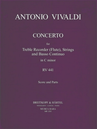 Fltenkonzert in c RV441 for treble recorder (fl), strings, bc Partitur und Stimmen