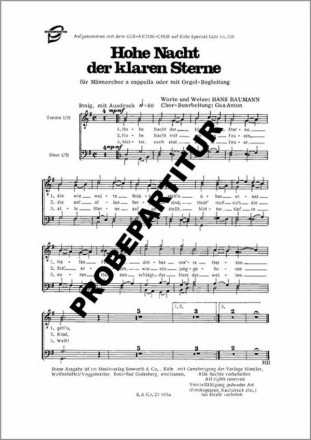 Hohe Nacht der klaren Sterne fr Mnnerchor und Orgel Partitur (dt)