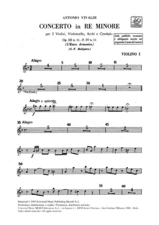 Konzert d-Moll op.3,11 fr 2 Violinen, Violoncello, Streicher und Bc Stimmensatz (Soli, 3-3-2-2-1 und Cembalo)