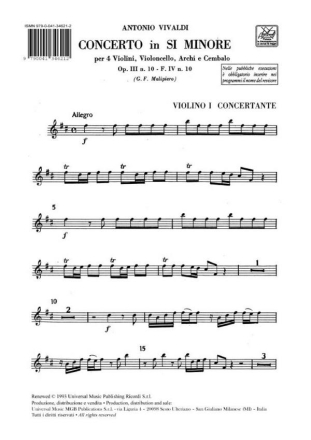 Konzert h-Moll op.3,10 fr 4 Violinen, Cello, Streicher und Bc Stimmensatz (5 solo und 2-2-1-1-1, Cemb)
