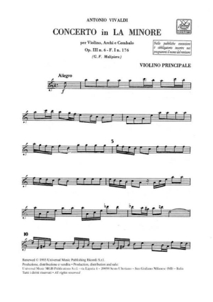 Concerto a-Moll op.3,6 F.I:176 fr Violine, Streicher und Cembalo Stimmenset (Solo, 3-3-2-2-1, Cembalo)