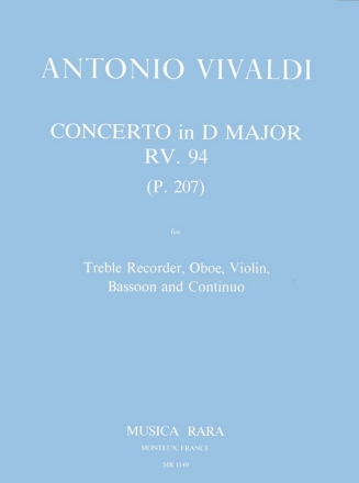 Concerto D major RV94 for treble recorder, oboe, violin, bassoon and bc Partitur und Stimmen