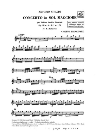 Konzert G-Dur op.3,3 fr Violine, Streicher und Bc Stimmen