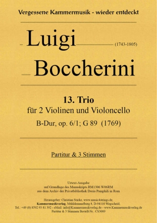 Trio B-Dur Nr.13 op.6,1 G89 fr 2 Violinen und Violoncello Partitur und Stimmen