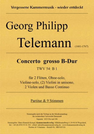 Concerto grosso B-Dur TWV54:B1 fr 2 Flten, Oboe, Violine, (2) Violini in unisono, 2 Violen und Bc Partitur und Stimmen