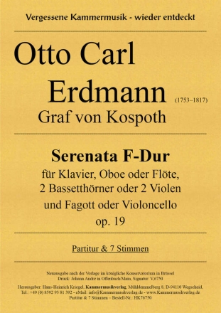 Serenata F-Dur op.19 fr Klavier, Oboe (Flte), 2 Bassetthrner (2 Violen) und Fagott (Vc) Partitur und Stimmen
