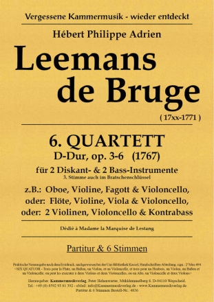 Leemans de Bruge, Hbert Philippe A. Streichquartett D-Dur 2Vl, Vc, Kb oder 2Vl, Va, Basso Partitur + 6 Sti