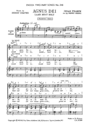 Franck Agnus Dei (Lamb Most Holy) 2 Pt (Tp248) 2-Part Choir Vocal Score