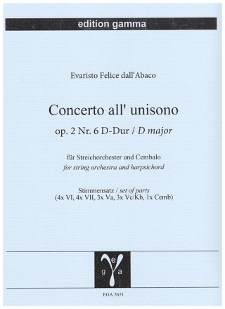 Concerto all'unisono op. 2 Nr. 6 D-Dur fr Streichorchester und Cembalo Partitur