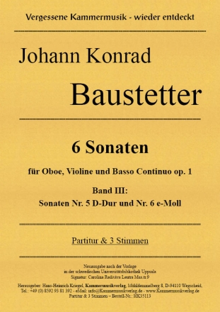 6 Sonaten fr Oboe, Violine und Basso Continuo op. 1 Band III