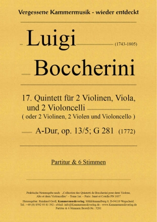 17. Quintett  A-Dur op. 13,5 G 281 fr 2 Violinen, Viola und 2 Violoncelli Partitur und Stimmen
