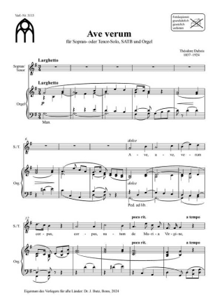 Ave verum fr S- oder T-Solo, SATB und Orgel Partitur