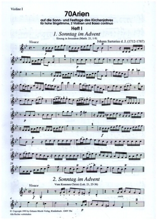 70 Arien Band 1 f�r hohe Singstimme, 2 Violinen und Bc, Instrumentalstimmen