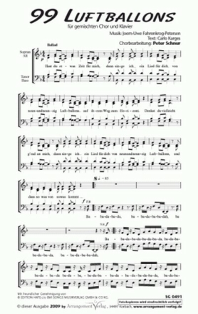 99 Luftballons f�r gem Chor und Klavier Singpartitur