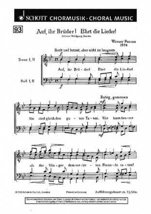 Auf ihr Brder! Ehrt die Lieder! fr Mnnerchor (TTBB) a cappella oder mit Blechblsern oder Klavier Chorpartitur