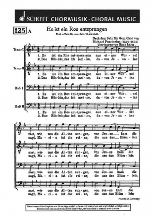 Praetorius, Michael / Vulpius, Melchior: Es ist ein Ros entsprungen fr Mnnerchor (TTBB) Chorpartitur