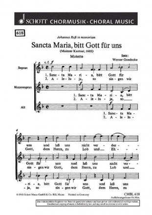 Sancta Maria, bitt Gott fr uns fr Frauen- oder Kinderchor (SMezA) Chorpartitur