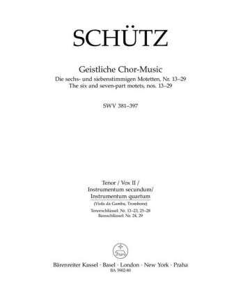 BA5902-80 Schtz, Die 6- und 7-stimmigen Motetten Nr.13-29 SWV381-397 fr gem Chor und Bc Tenor (vox II, instr. secundum)