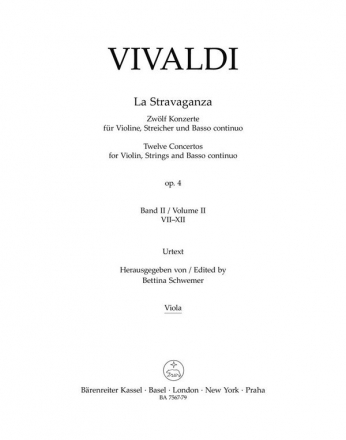 Vivaldi, Antonio, La Stravaganza op. 4 -Zwlf Konzerte for Violine, St Va Part(s), Urtext edition