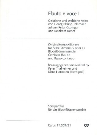 Flauto e voce Band 1 fr Gesang (hoch), Blockfltenensemble und Bc (Cembalo) Spielpartitur Blockflten