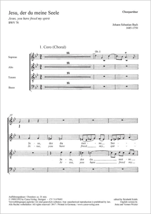 Bach, Johann Sebastian: Jesu, der du meine Seele Soli SATB, Coro SATB, [Cto], Fl, 2 Ob, Str, Org CH CP