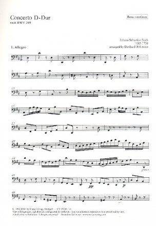 Konzert D-Dur nach BWV249 fr 3 Trompeten, Pauken, 2 Oboen, Fagott, 2 Violinen, Viola und Bc Violoncello/Kontrabass