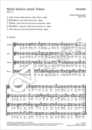 Bach, Johann Sebastian Meine Seufzer, meine Trnen Soli SATB, Coro SATB, 2 Blfl f1, Obca, 2 Vl, Va, Bc Chorpartitur