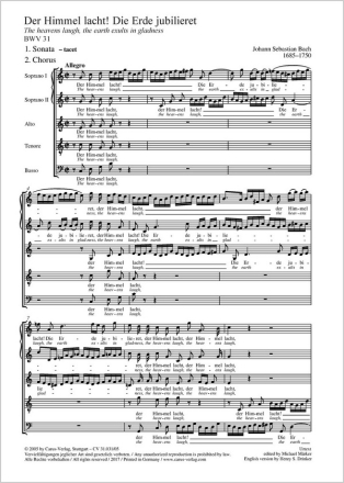 Bach, Johann Sebastian Der Himmel lacht! Die Erde jubilieret Soli STB, Coro SSATB, Ob, 3 Tr, Timp, 2 Vl, 2 Va, Bc, [2 Ob, Taille, F Chorpartitur