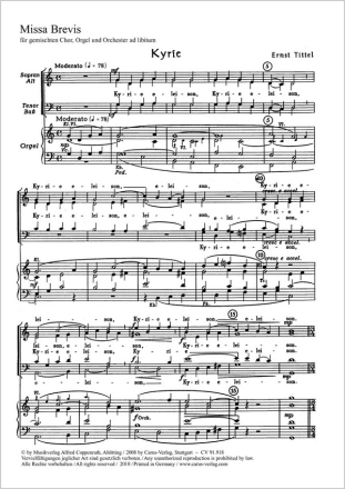 Tittel, Ernst Missa brevis Coro SATB, Org, [2 Clt, 2 Tr, Timp, Vl, Vc] Partitur