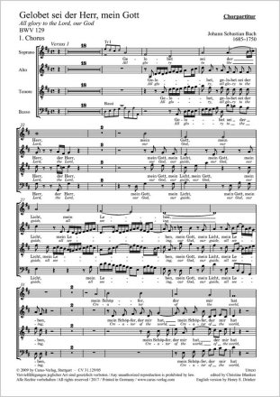 Bach, Johann Sebastian Gelobet sei der Herr, mein Gott Soli SATB, Coro SATB, Fl, 2 Obda, 2 Tr, Timp, 2 Vl, Va, Bc Chorpartitur