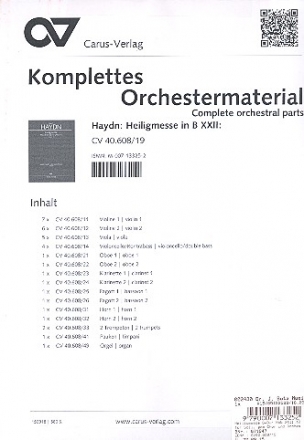 Heiligmesse B-Dur Hob.XXII:10 fr Soli, gem Chor und Orchester komplettes Orchestermaterial