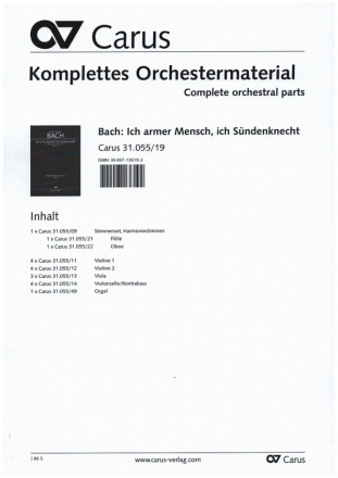 Ich armer Mensch, ich Sndenknecht Kantate Nr.55 BWV55 Orchestermaterial