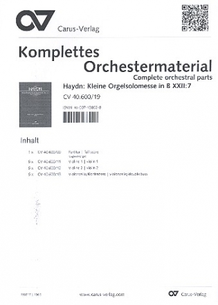 Kleine Orgelmesse in B Hob.XXII:7 fr Soli, gem Chor, Streicher und Orgel Partitur (= Orgel) und Instrumentalstimmen (Streicher 5-5-0-5)