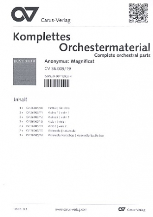Magnificat fr 5 Singstimmen (SSATB),  2 Violinen, 2 Violen ad lib., Violone, Org Orchestermaterial (Partitur + 3-3-2-2-2-2-3)