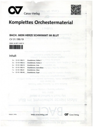 Mein Herze schwimmt im Blut (Leipziger Fassung) Kantate Nr.199 BWV199 Stimmenset